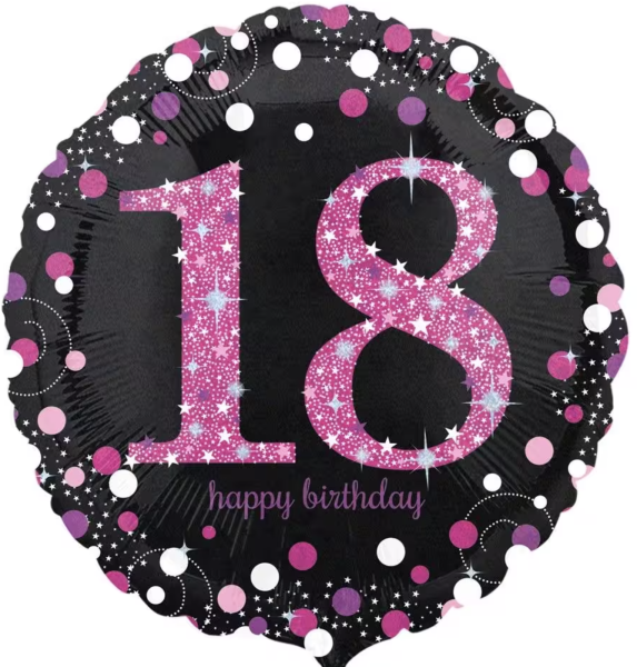 Folienballon - Sparkling Birthday pink, Zahl 18 - ø 43cm